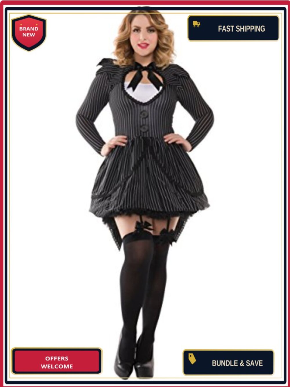 Plus Size Pinstripe Costume Dress Pointy Collar Coat Tails